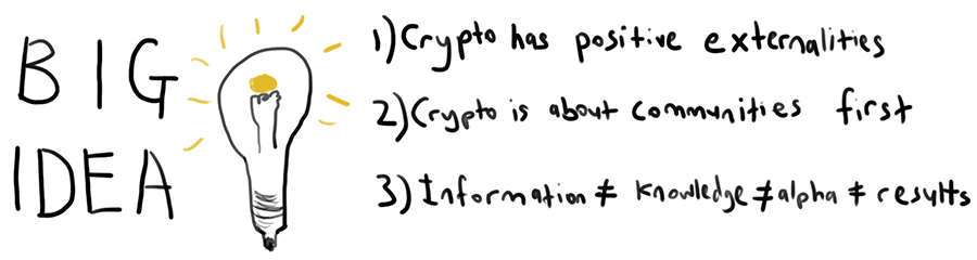 Big Idea: Crypto has positive externalities, crypto is about communities first, Information not equal knowledge, not equal al